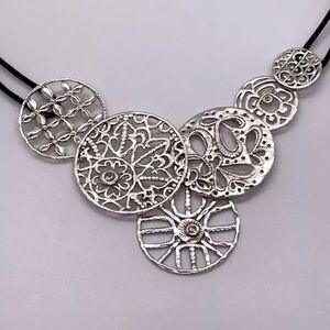 Silpada Vintage Sterling Silver CZ & Black Leather Filagree Necklace